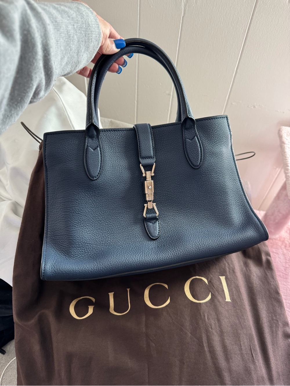 Gucci Navy Leather Top-Handle Satchel with Gold Hardware